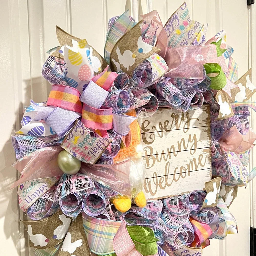 23” Easter Ribbon Wreath Bunny Gnome in Pink, Purple & White Handmade W6
